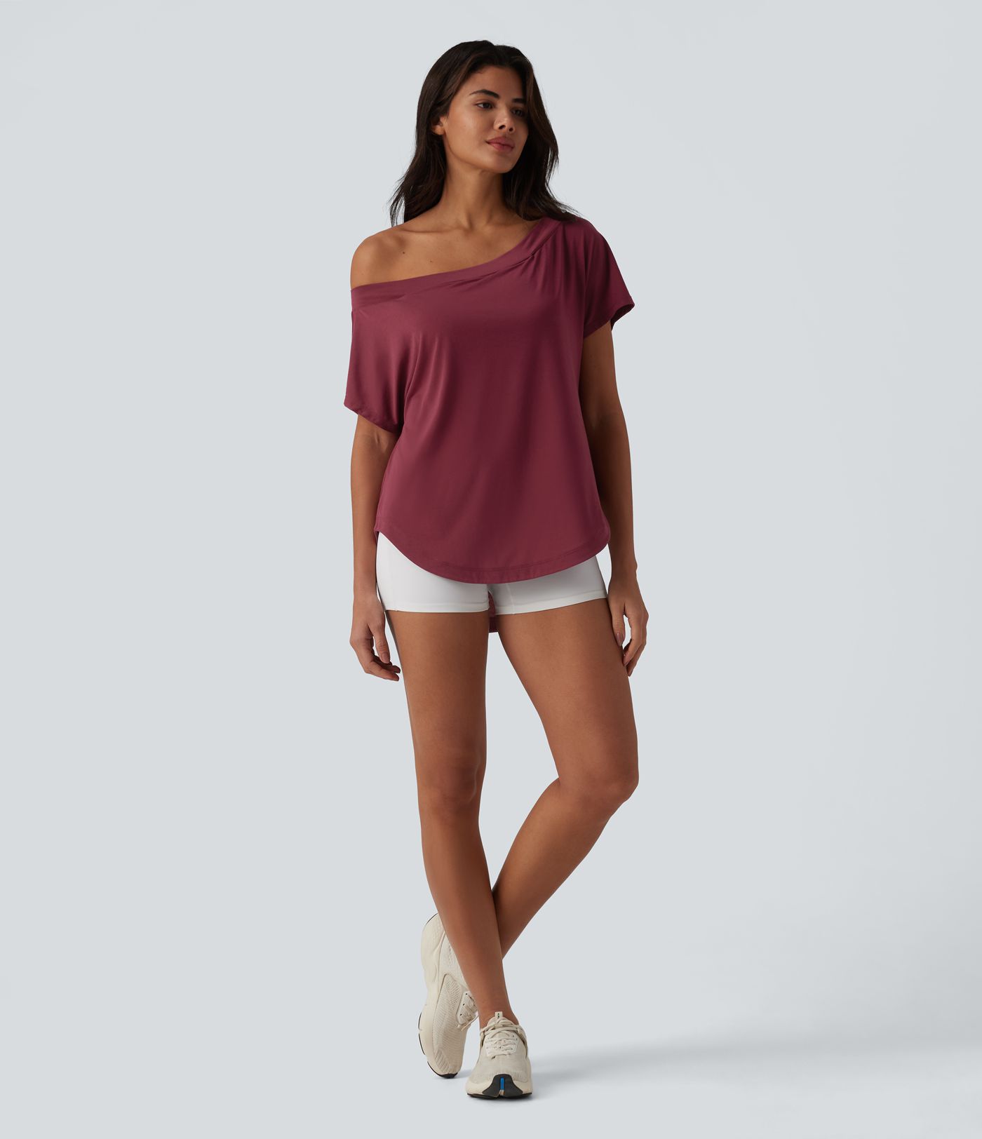 One Shoulder Short Sleeve Curved Hem High Low Quick Dry Yoga Sports Top-Built-in Bra