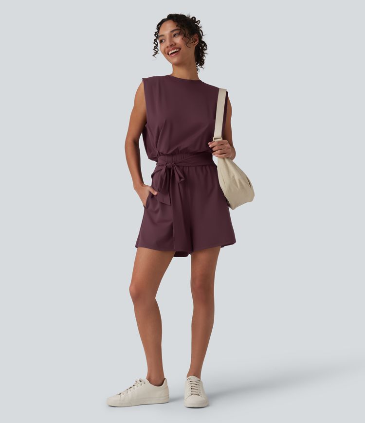 Round Neck Sleeveless Tie-front Cool Touch Casual Playsuit with Pockets-Easy Peezy-UPF50+