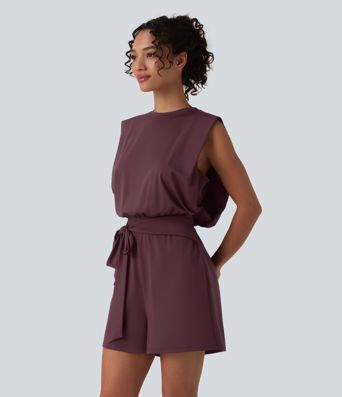 Round Neck Sleeveless Tie-front Cool Touch Casual Playsuit with Pockets-Easy Peezy-UPF50+
