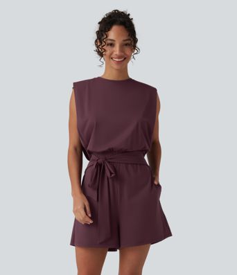 Round Neck Sleeveless Tie-front InstantCool Casual Romper with Pockets-Easy Peezy-UPF50+ Round Neck Sleeveless Tie-front InstantCool Casual Romper with Pockets-Easy Peezy-UPF50+