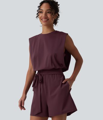 Round Neck Sleeveless Tie-front Cool Touch Casual Playsuit with Pockets-Easy Peezy-UPF50+