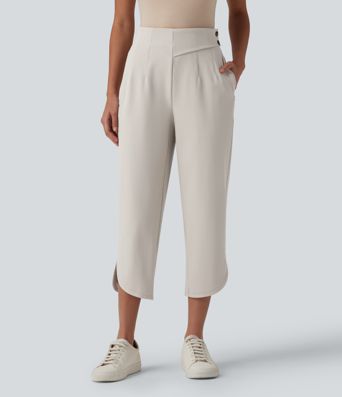 Halara Flex™ Pantalones cropped de trabajo de talle alto, corte entallado, dobladillo curvo y tejido espiga, con bolsillos.