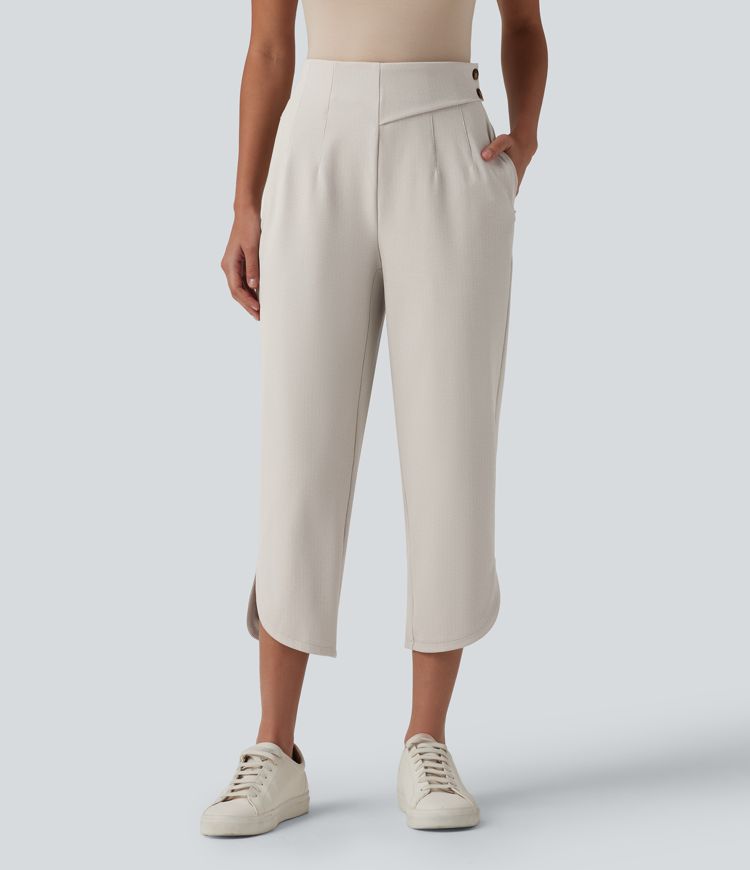 Halara Flex™ Pantalones cropped de trabajo de talle alto, corte entallado, dobladillo curvo y tejido espiga, con bolsillos.