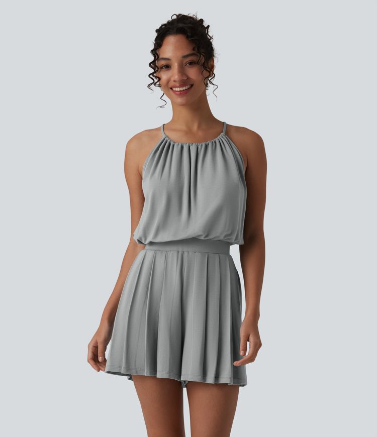 Halter Sleeveless Tie-back Pleated Casual Romper with Pockets-Easy Peezy