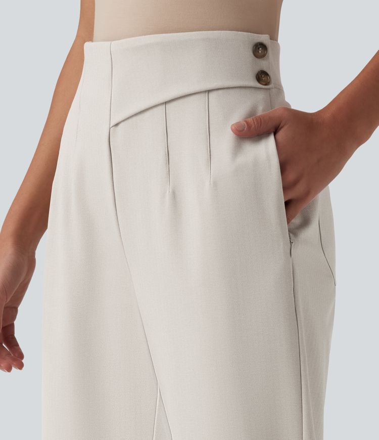 Halara Flex™ Pantalones cropped de trabajo de talle alto, corte entallado, dobladillo curvo y tejido espiga, con bolsillos.