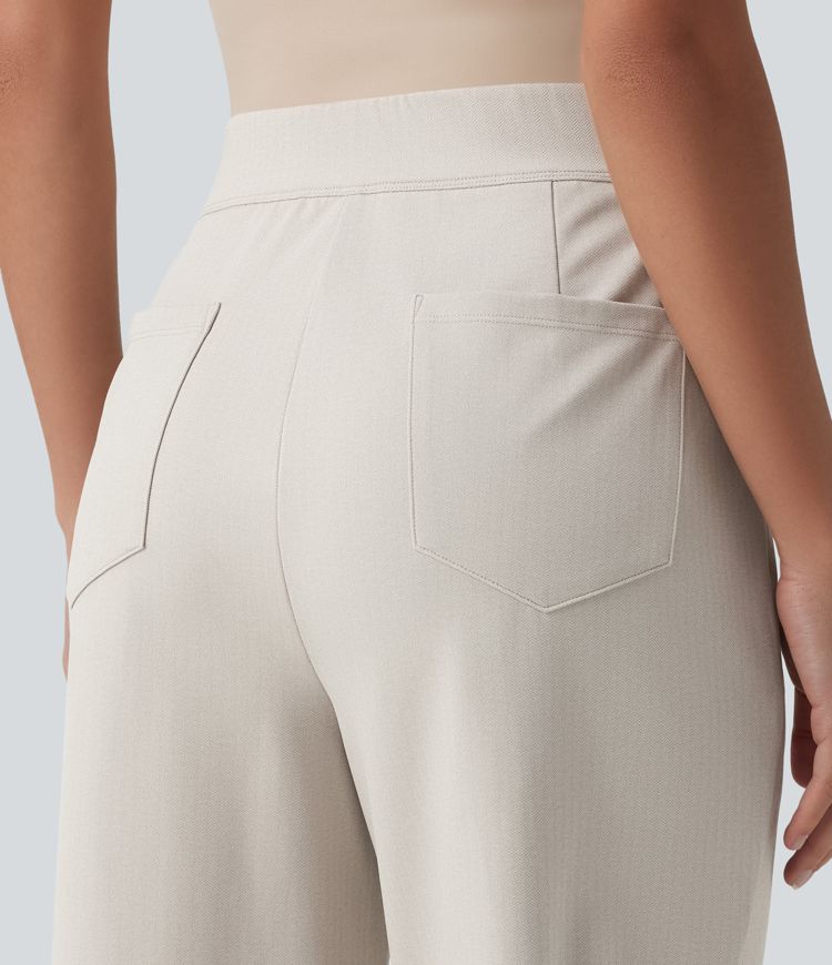 Halara Flex™ Pantalones cropped de trabajo de talle alto, corte entallado, dobladillo curvo y tejido espiga, con bolsillos.