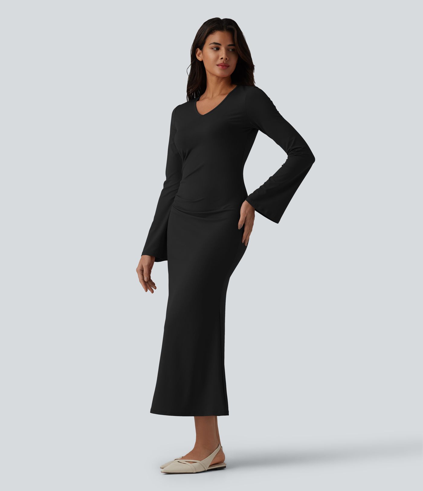 V Neck Flounce Long Sleeve Mermaid Midi Casual Dress