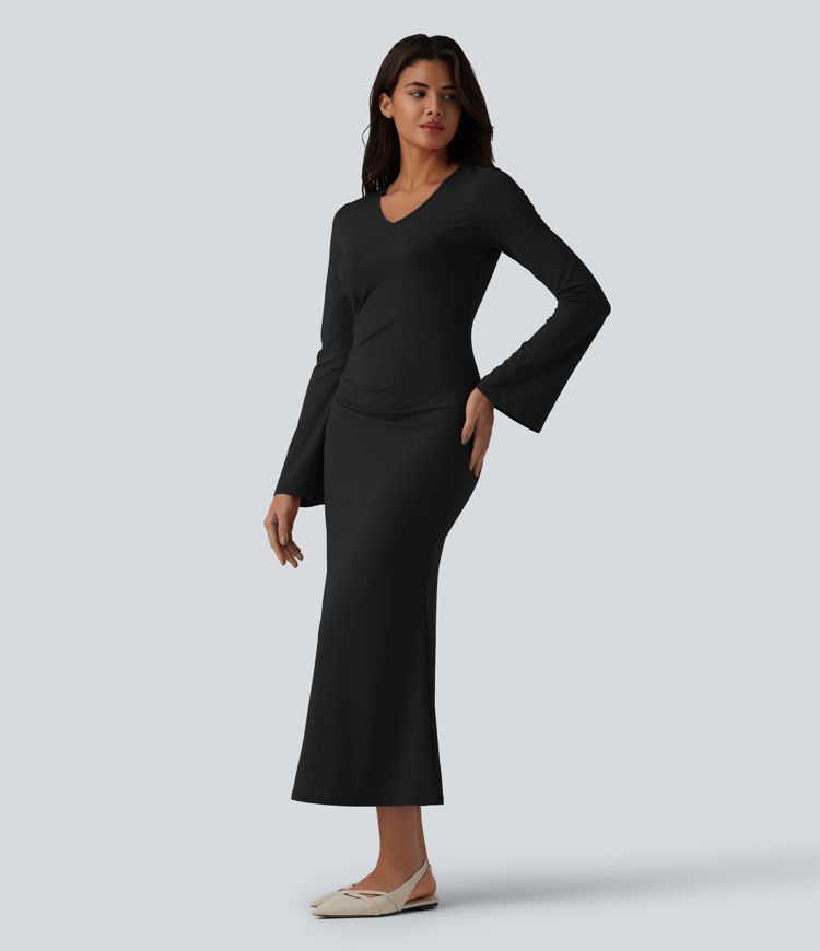 V Neck Flounce Long Sleeve Mermaid Midi Casual Dress