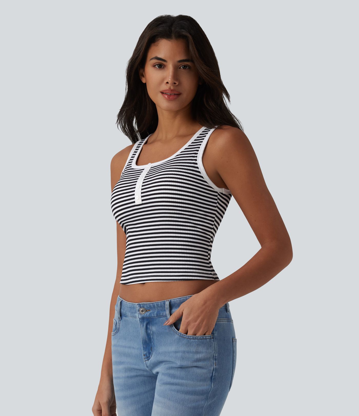 Ribbed Knit U-Neck Stripe Built-in Bra Casual Tank Top