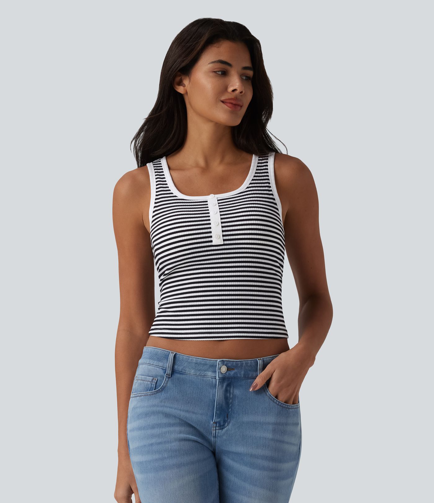 Ribbed Knit U-Neck Stripe Built-in Bra Casual Tank Top