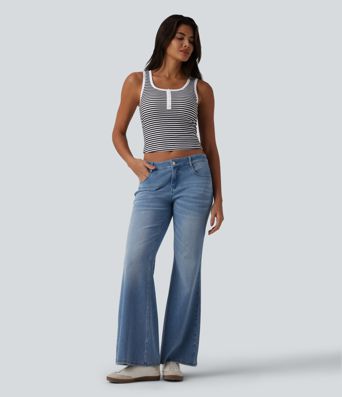 Ribbed Knit U-Neck Stripe Built-in Bra Casual Tank Top