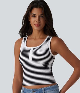 Ribbed Knit U-Neck Stripe Built-in Bra Casual Tank Top
