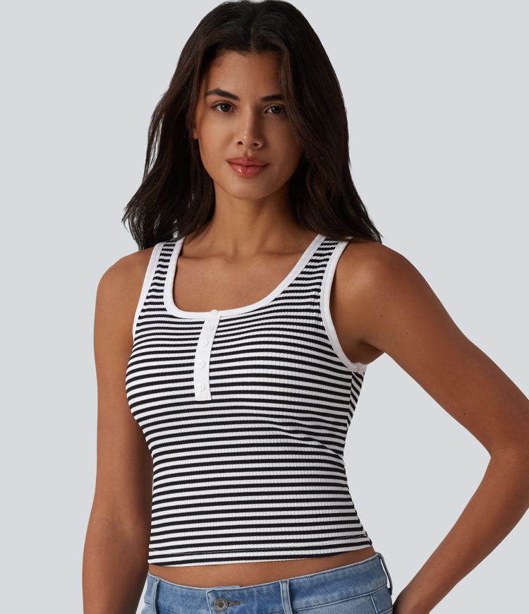 Ribbed Knit U-Neck Stripe Built-in Bra Casual Tank Top