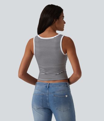 Ribbed Knit U-Neck Stripe Built-in Bra Casual Tank Top