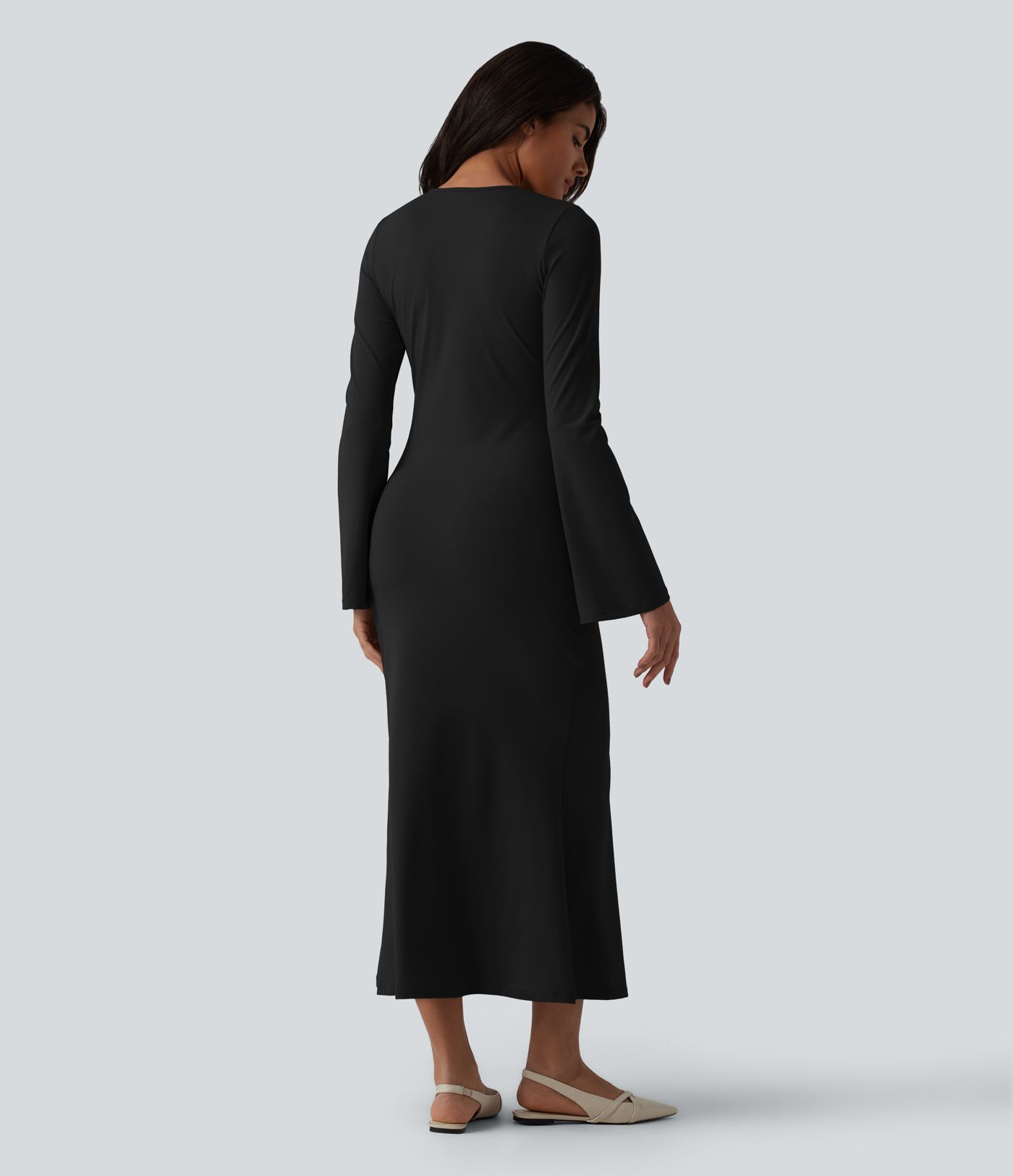 V Neck Flounce Long Sleeve Mermaid Midi Casual Dress