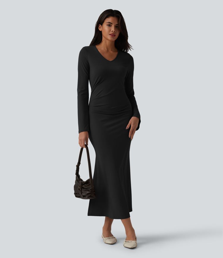 V Neck Flounce Long Sleeve Mermaid Midi Casual Dress