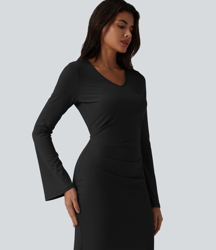 V Neck Flounce Long Sleeve Mermaid Midi Casual Dress