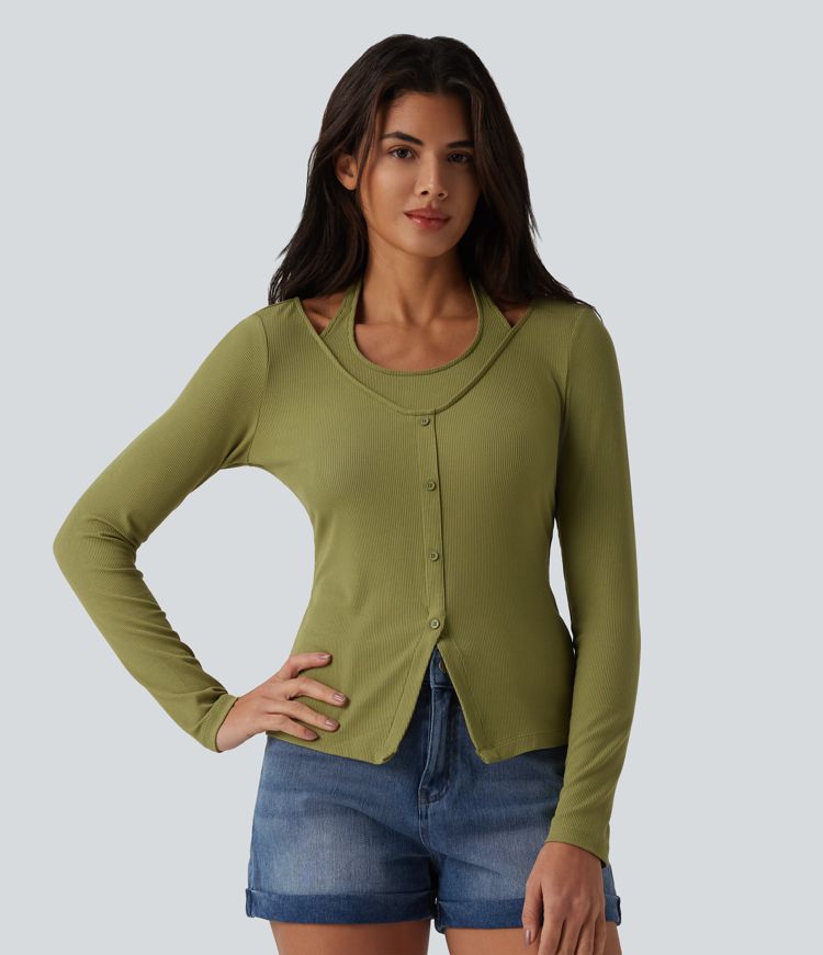 Ribbed Knit Halter Long Sleeve Casual Top