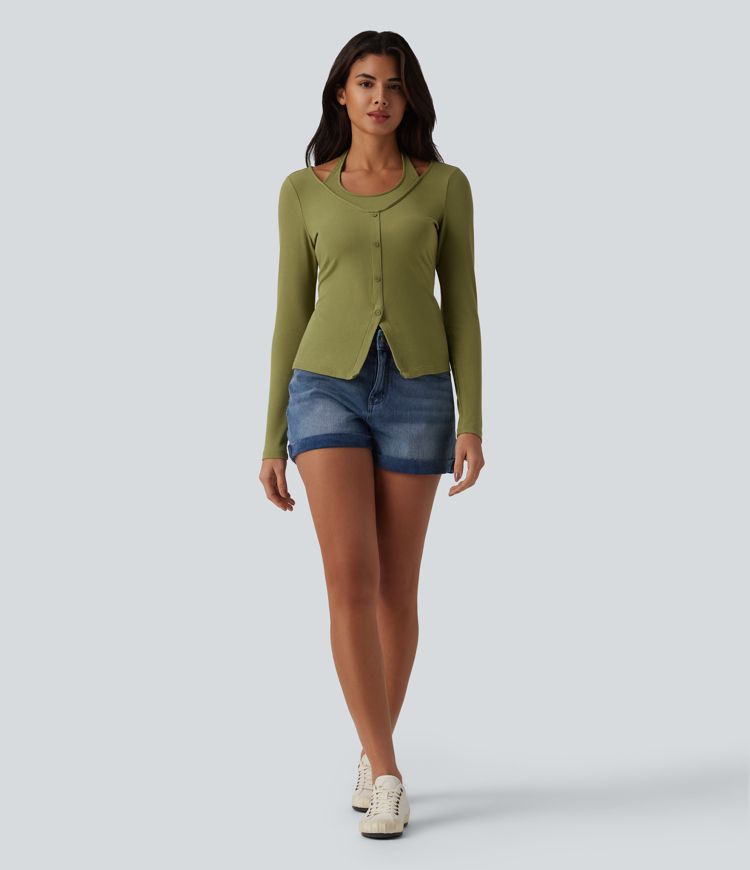 Ribbed Knit Halter Long Sleeve Casual Top