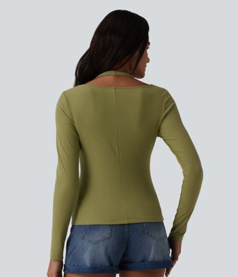 Ribbed Knit Halter Long Sleeve Casual Top