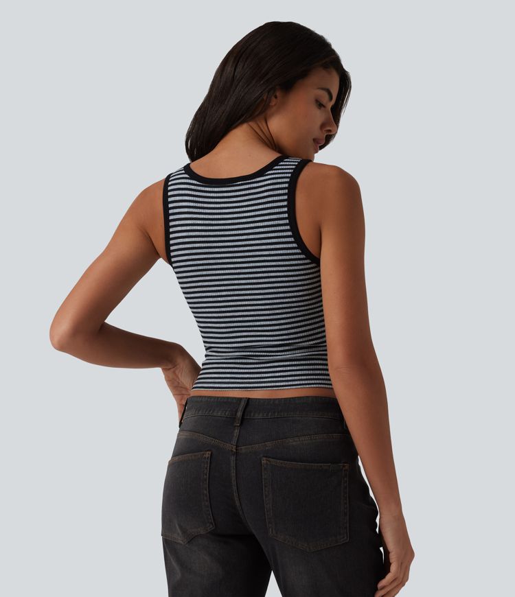 Ribbed Knit U-Neck Stripe Built-in Bra Casual Tank Top