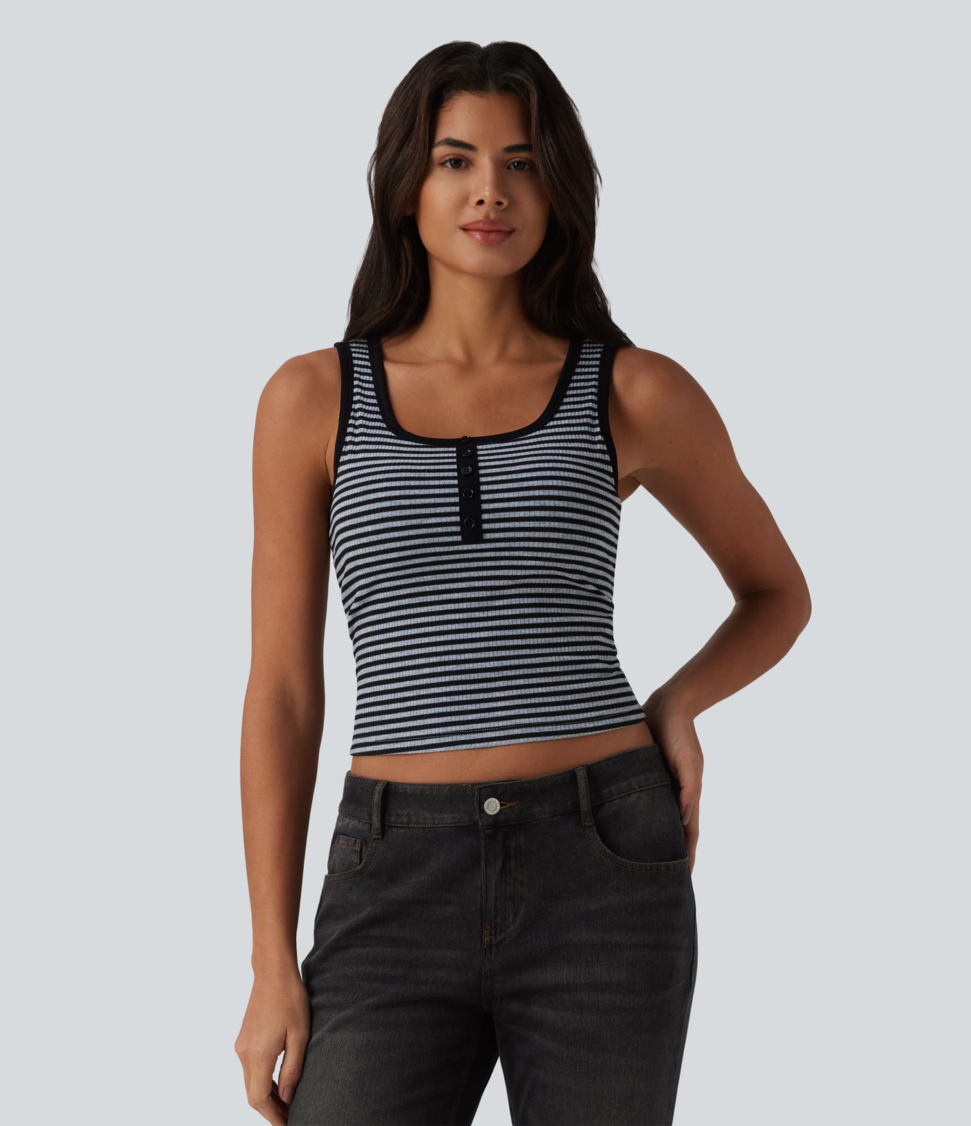 Ribbed Knit U-Neck Stripe Built-in Bra Casual Tank Top