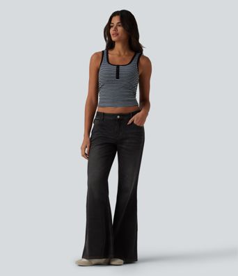 Ribbed Knit U-Neck Stripe Built-in Bra Casual Tank Top