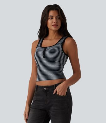 Ribbed Knit U-Neck Stripe Built-in Bra Casual Tank Top