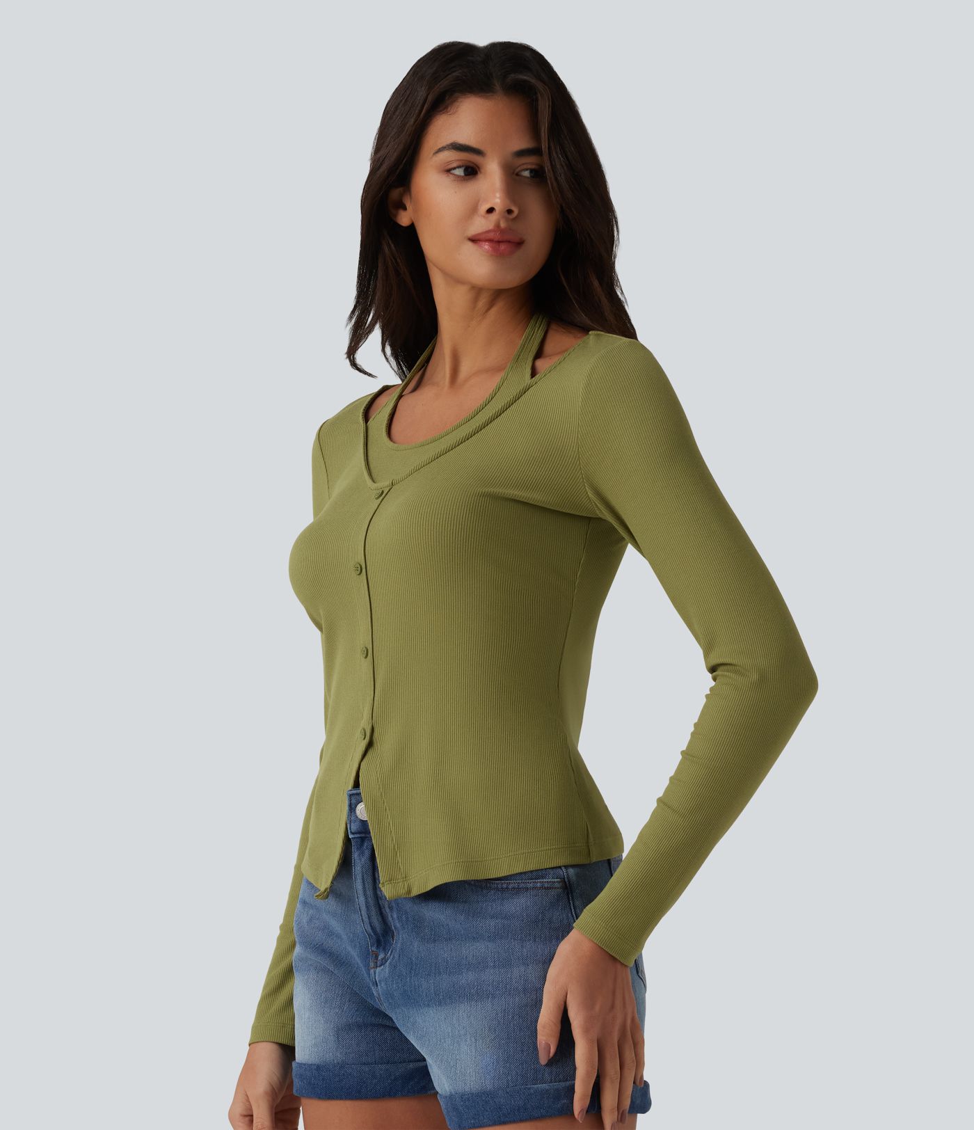 Ribbed Knit Halter Long Sleeve Casual Top