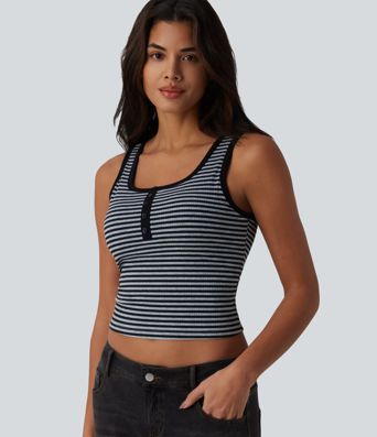 Ribbed Knit U-Neck Stripe Built-in Bra Casual Tank Top