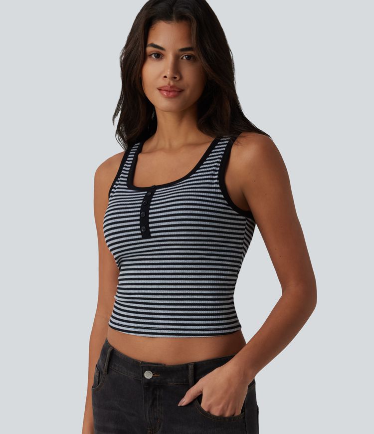 Ribbed Knit U-Neck Stripe Built-in Bra Casual Tank Top