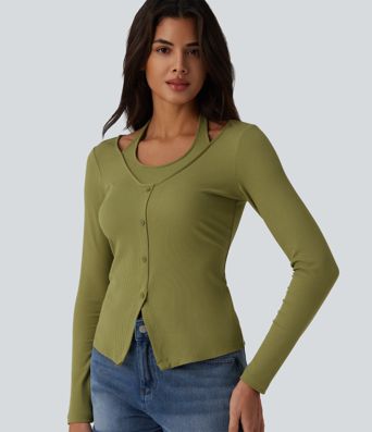 Ribbed Knit Halter Long Sleeve Casual Top