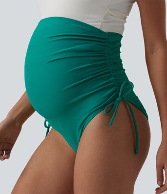 Geraffte Umstands-Bikinihose mit superhohem Bund und Kordelzug