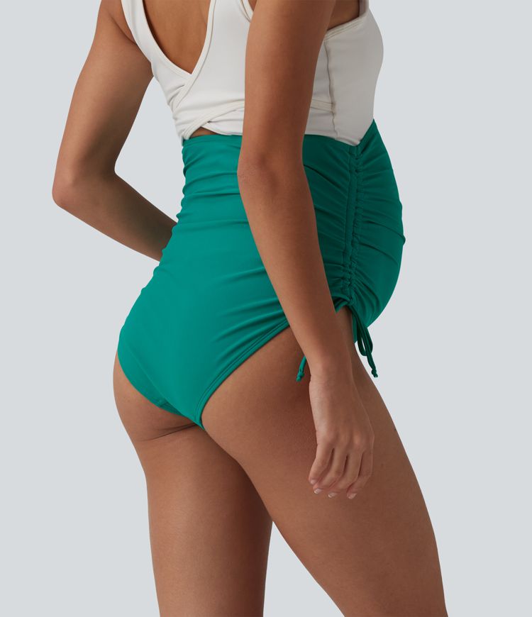 Geraffte Umstands-Bikinihose mit superhohem Bund und Kordelzug