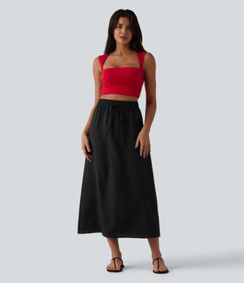 High Waisted Drawstring Maxi Linen-Feel Casual Skirt