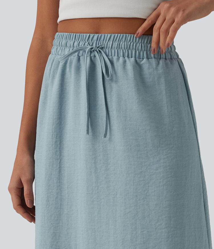 High Waisted Drawstring Maxi Linen-Feel Casual Skirt
