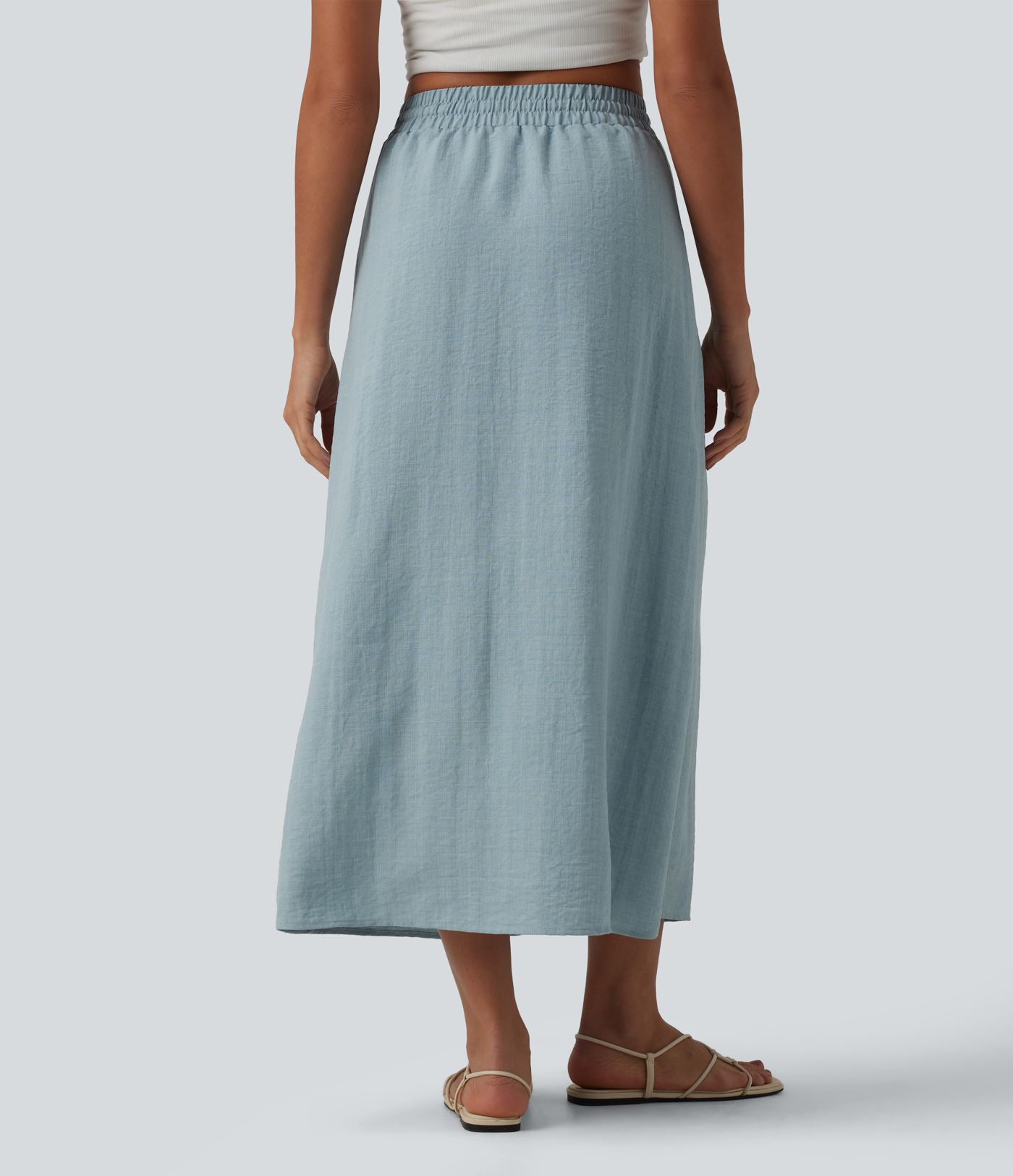 High Waisted Drawstring Maxi Linen-Feel Casual Skirt