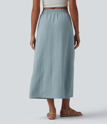 High Waisted Drawstring Maxi Linen-Feel Casual Skirt
