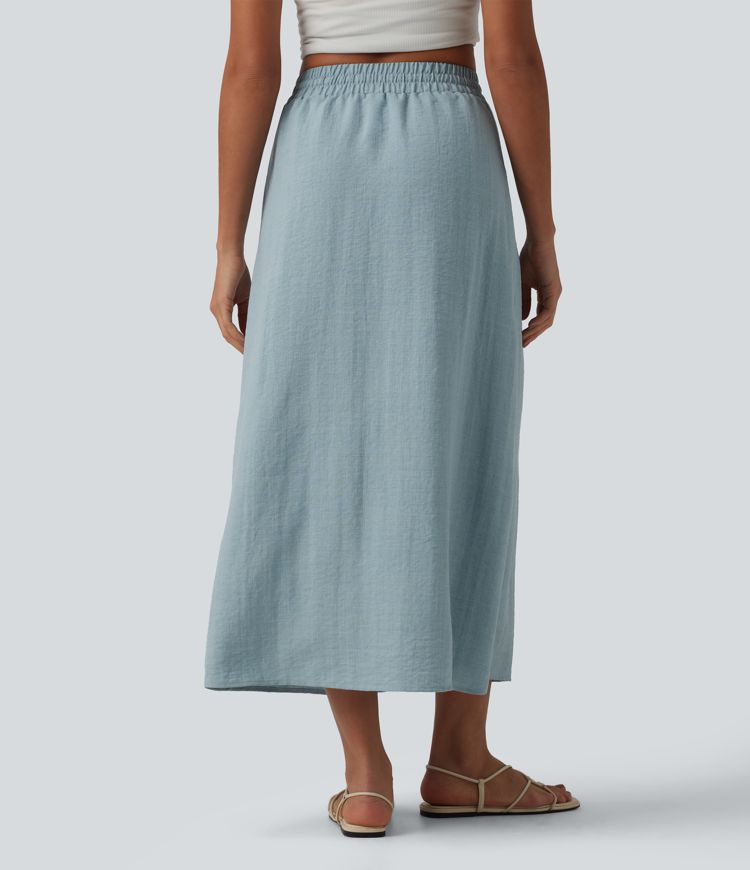 High Waisted Drawstring Maxi Linen-Feel Casual Skirt