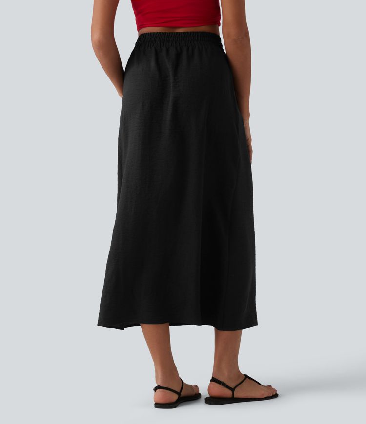 High Waisted Drawstring Maxi Linen-Feel Casual Skirt