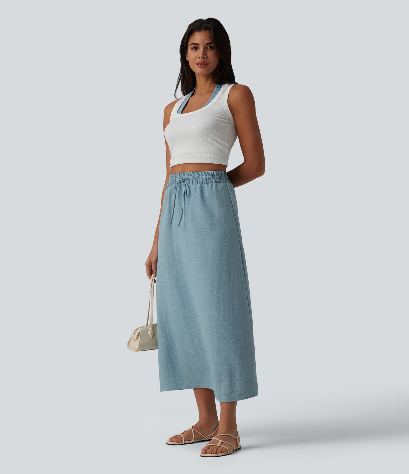 High Waisted Drawstring Maxi Linen-Feel Casual Skirt