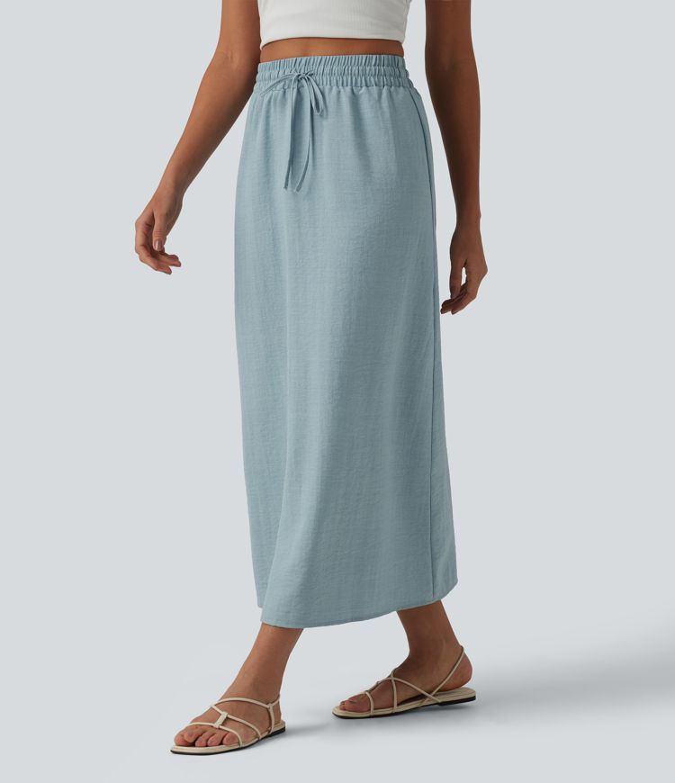 High Waisted Drawstring Maxi Linen-Feel Casual Skirt