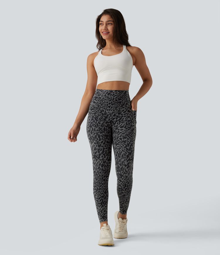 Legging de running 7/8 gainant Halara UltraSculpt™ imprimé léopard taille haute ventre plat avec poches