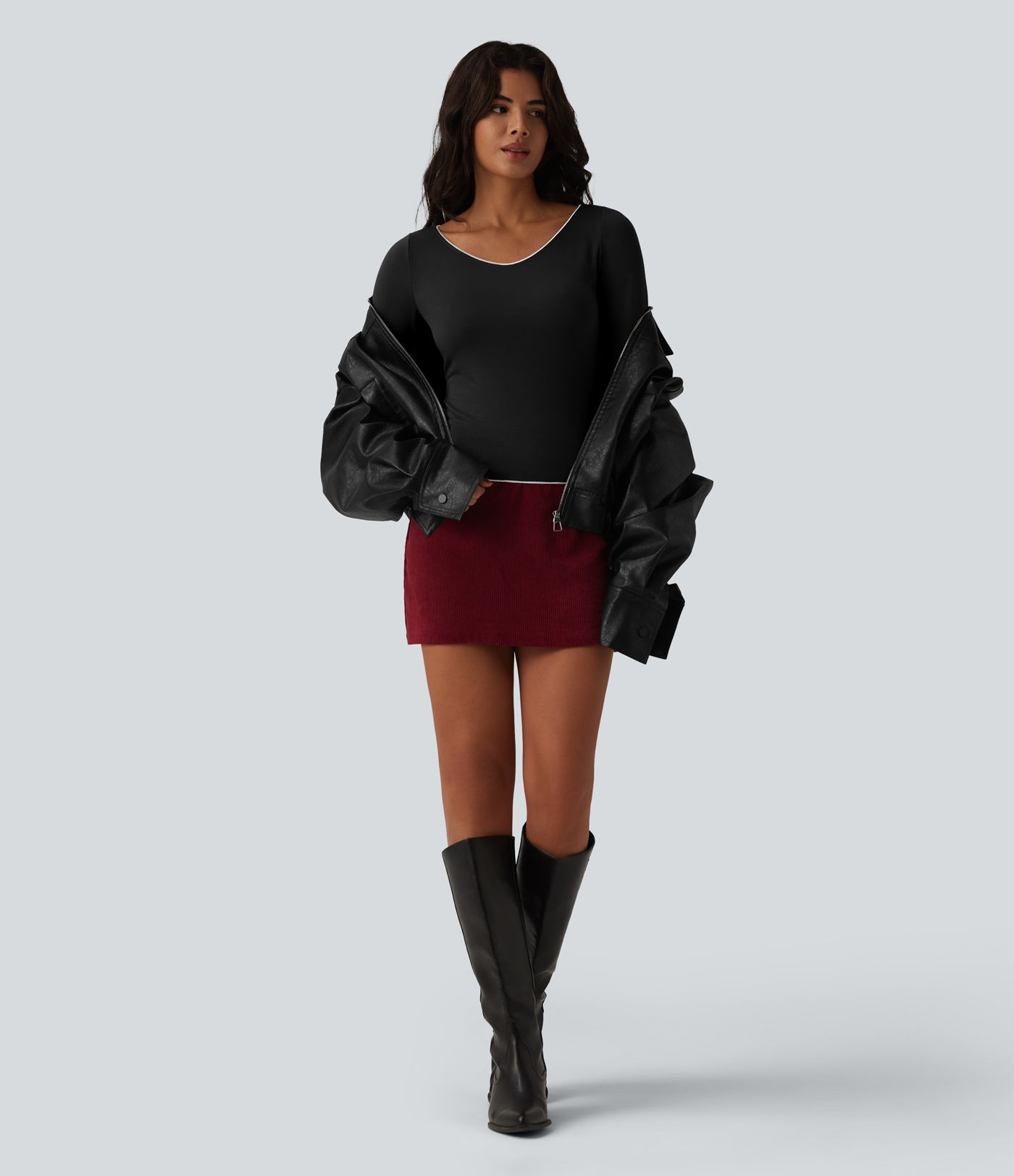 Halara HeatCore V-neck Long Sleeve  Contrast Tipping Casual Warming Top