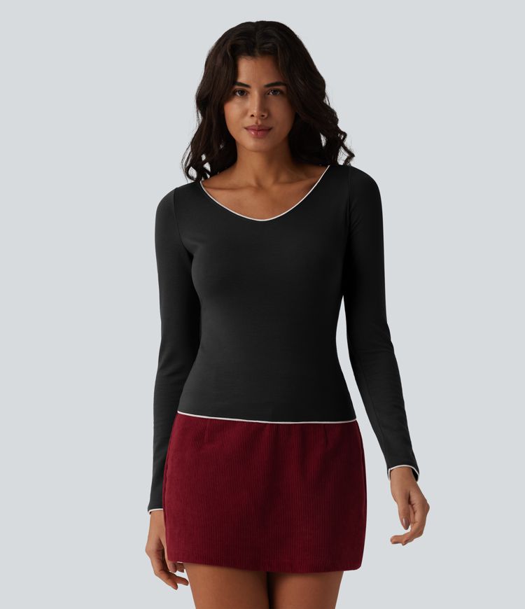 Halara HeatCore V-neck Long Sleeve  Contrast Tipping Casual Warming Top