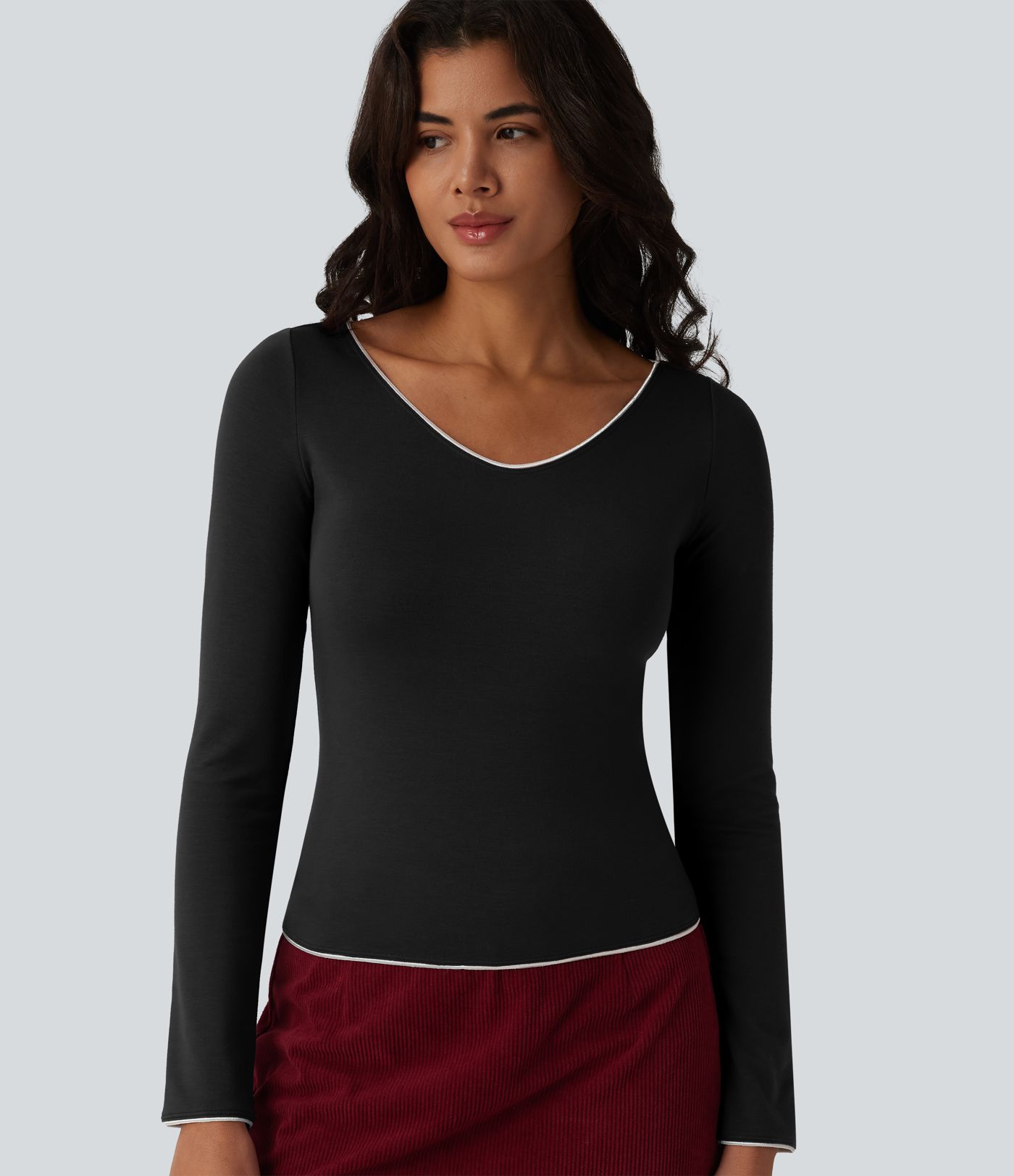 Halara HeatCore V-neck Long Sleeve  Contrast Tipping Casual Warming Top