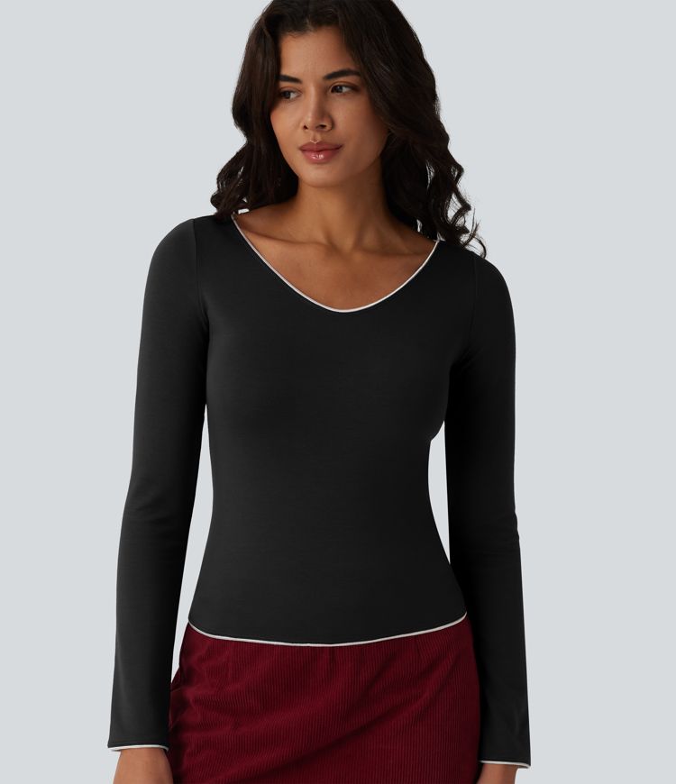 Halara HeatCore V-neck Long Sleeve  Contrast Tipping Casual Warming Top