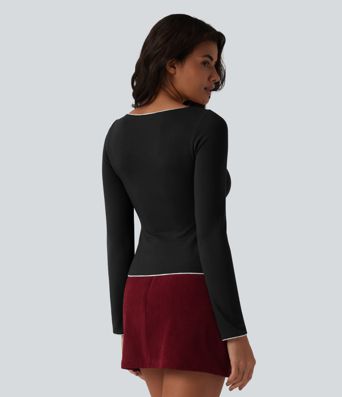 Halara HeatCore V-neck Long Sleeve  Contrast Tipping Casual Warming Top
