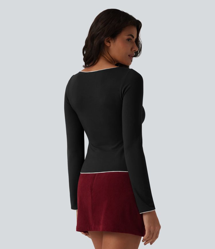 Halara HeatCore V-neck Long Sleeve  Contrast Tipping Casual Warming Top