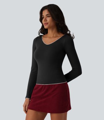 Halara HeatCore V-neck Long Sleeve  Contrast Tipping Casual Warming Top